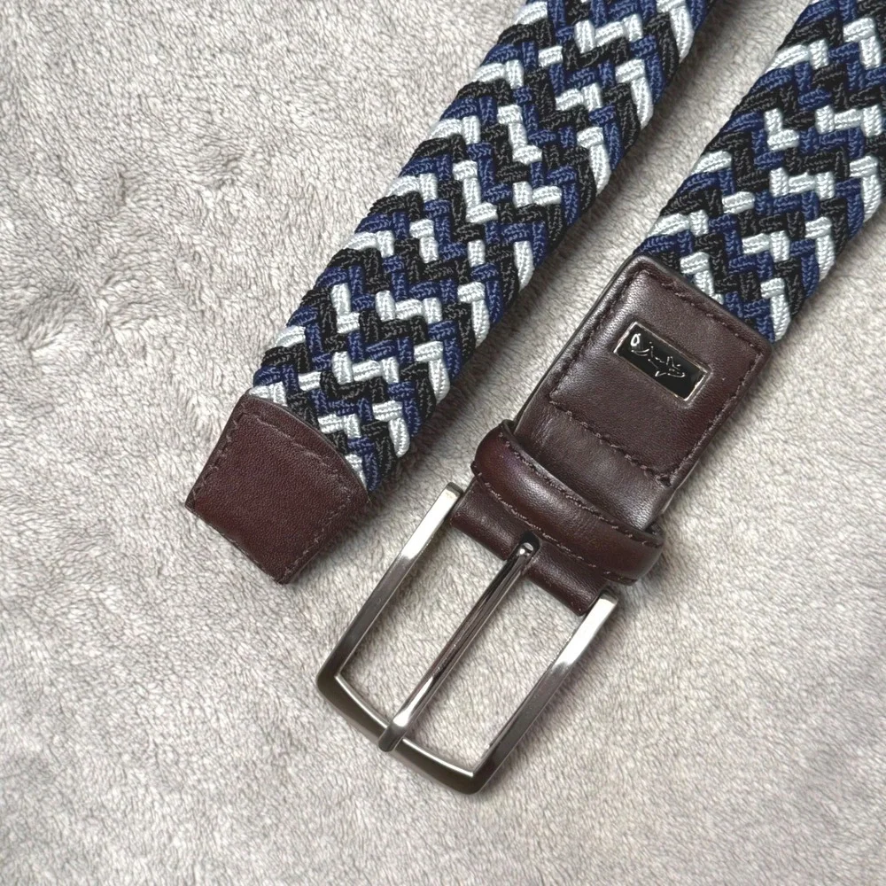 Greg Norman Braided Stretch Belt Mens 44 Navy Blue White Woven Preppy Nautical
